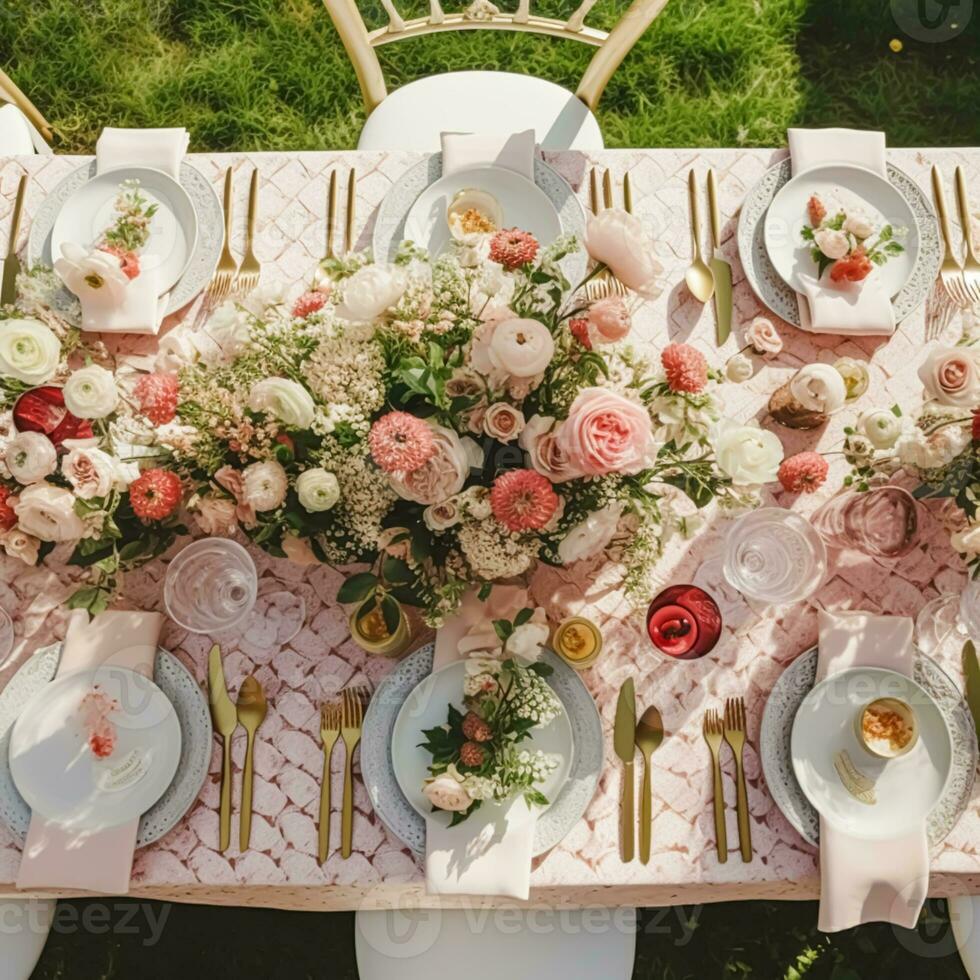 Country tablescape, formal dinner table setting, table scape with strawberry decoration for wedding party and holiday event celebration, generative ai photo