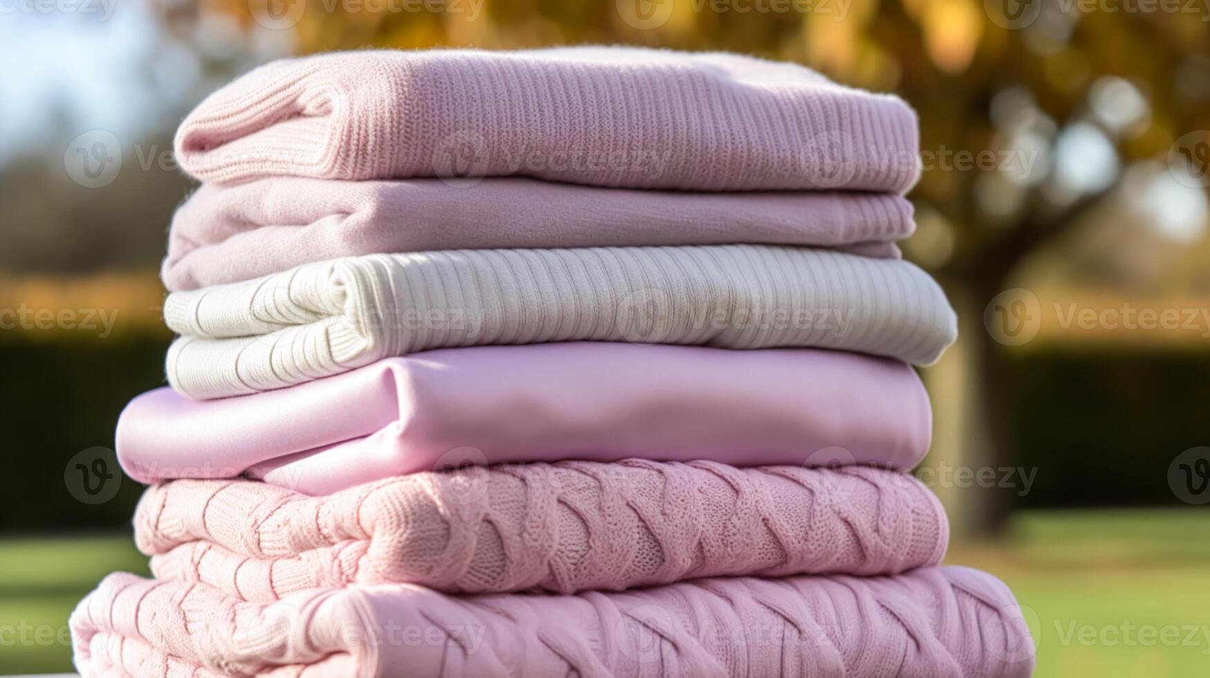Laundry, housekeeping and homemaking, stack of clean and folded knitted clothes in the countryside, photo