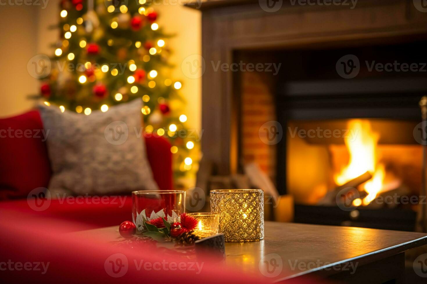 Navidad, fiesta decoración y país cabaña estilo, acogedor atmósfera, decorado Navidad árbol en el Inglés campo casa vivo habitación con chimenea, interior decoración foto
