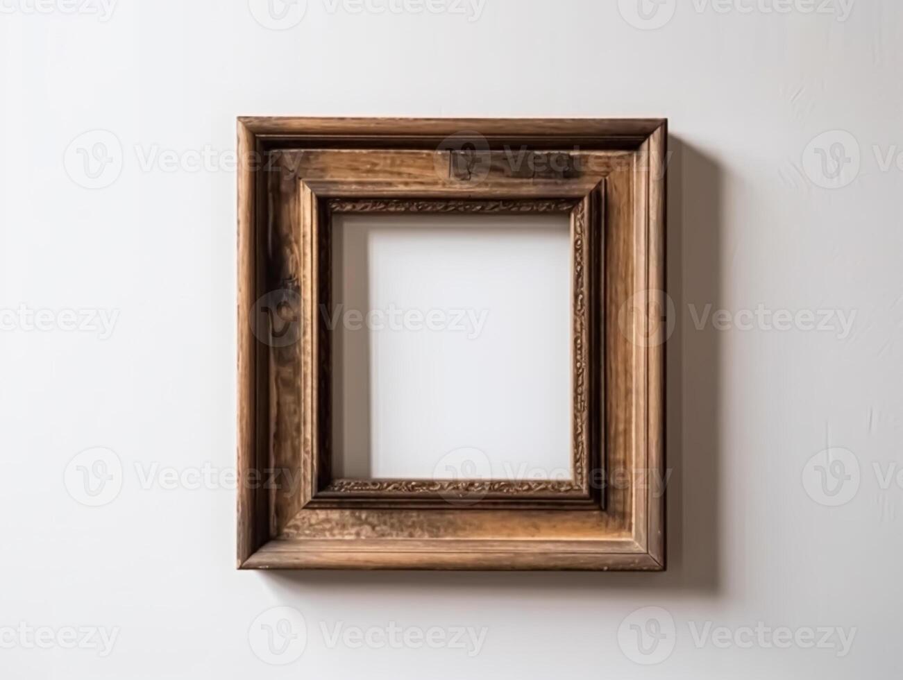 Empty antique wooden square frame for wall art mockup, generative ai photo