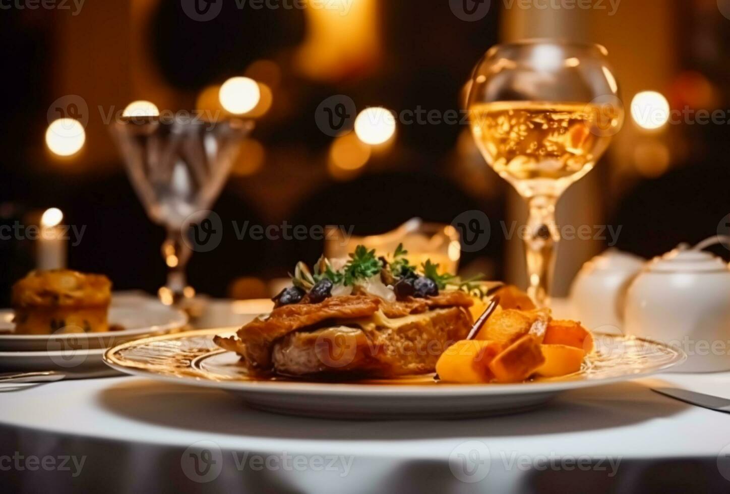Luxury food service, main course served at a restaurant or formal dinner event in classic English style in the luxurious hotel or country estate, generative ai photo