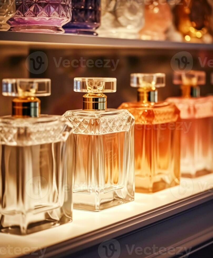 Luxury fragrance bottles at perfume scent at presentation event, bespoke perfumery and beauty product sale, generative ai photo