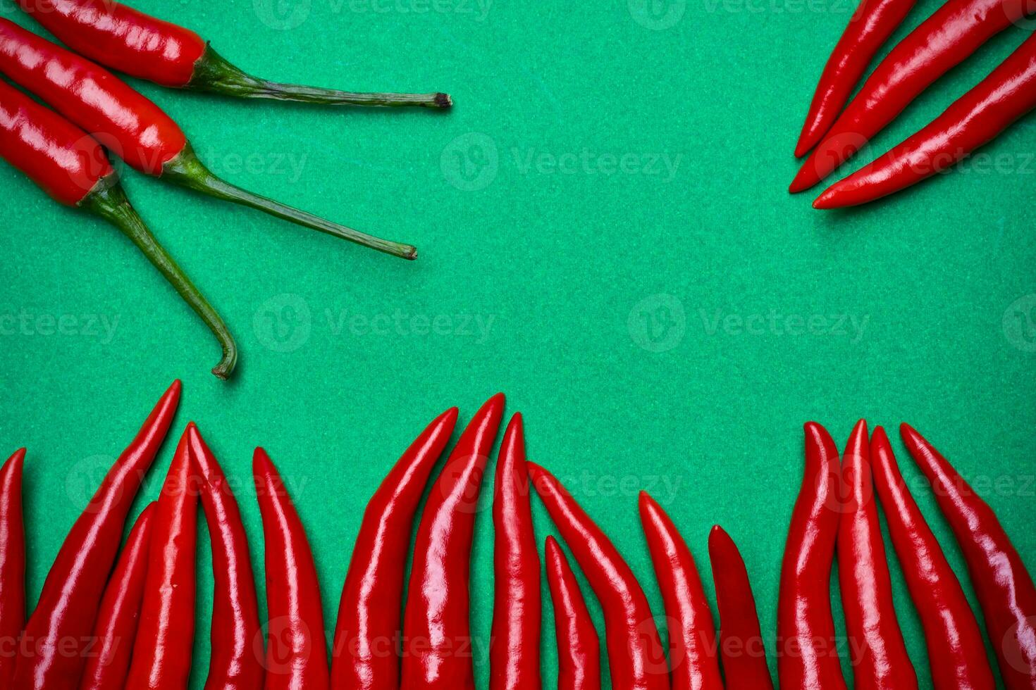 Spicy red chili on green background photo