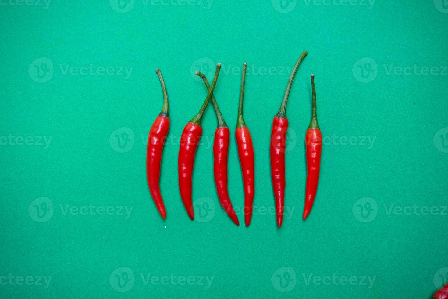 Spicy red chili on green background photo