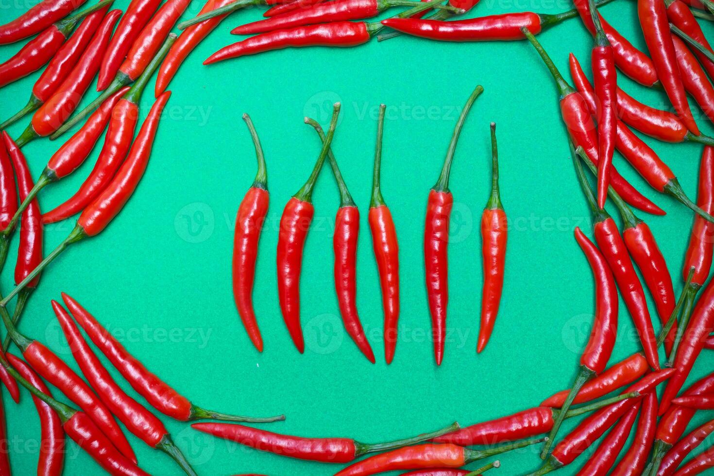 Spicy red chili on green background photo