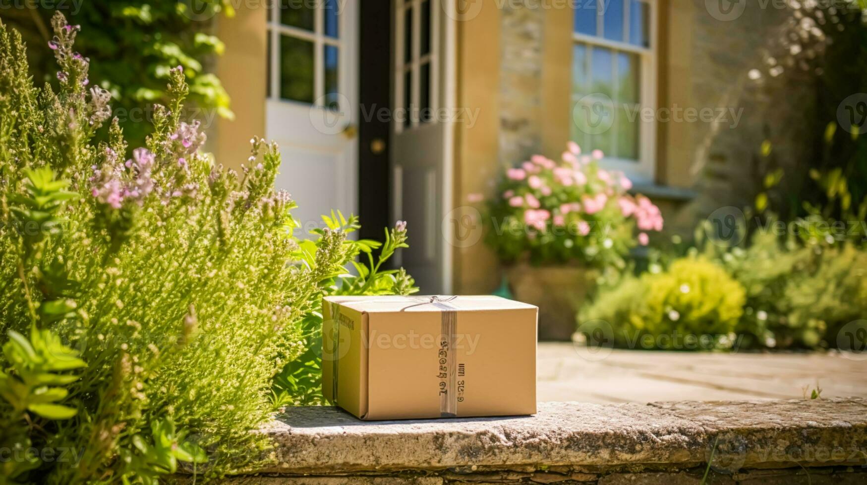 postal servicio, hogar entrega y en línea compras, paquete o empaquetar caja en un casa peldaño en el campo, generativo ai foto