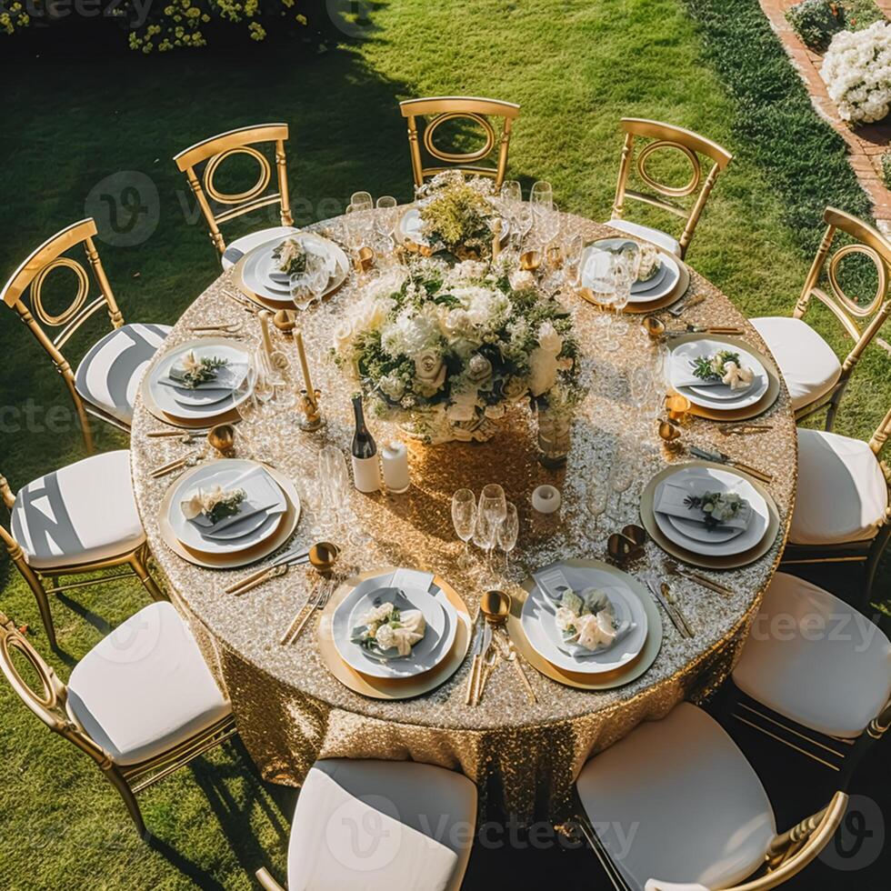 Holiday tablescape, golden formal dinner table setting, table scape with gold decoration for wedding party and event celebration, photo