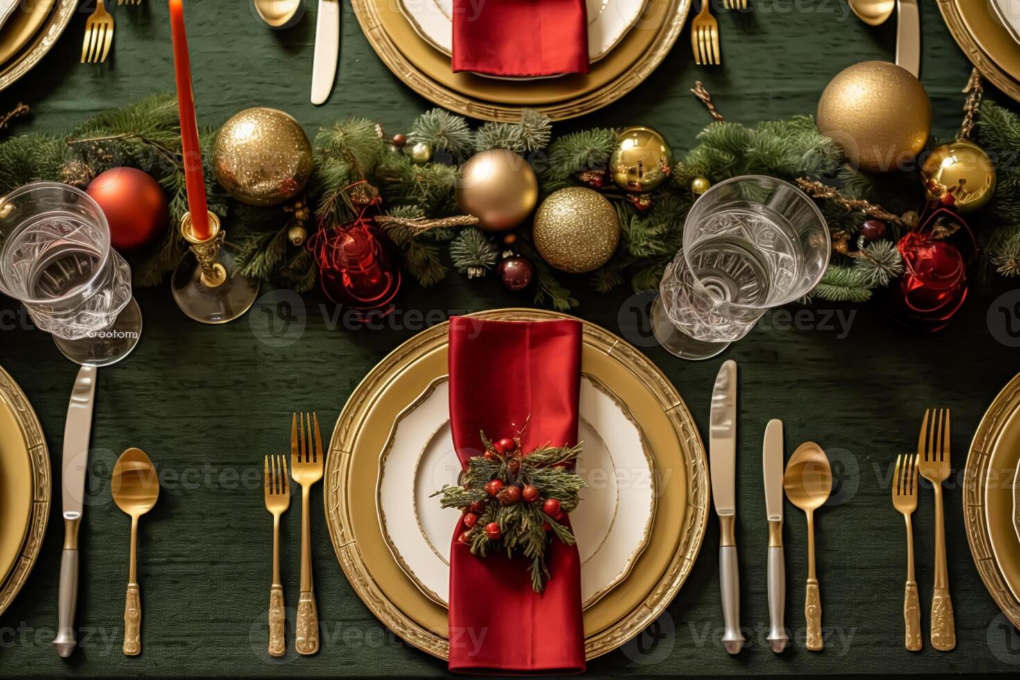 Christmas table scape, elegant formal dinner table setting, tablescape with holiday decoration for party event celebration, generative ai photo