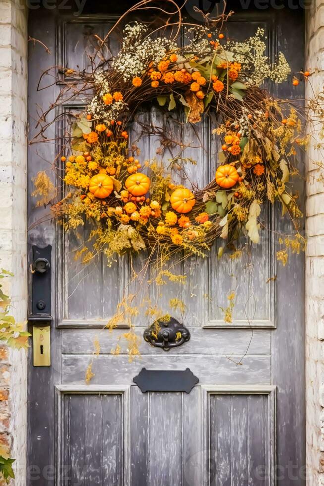 Autumn wreath decoration on a classic door entrance, welcoming autumn holiday season with autumnal decorations, generative ai photo