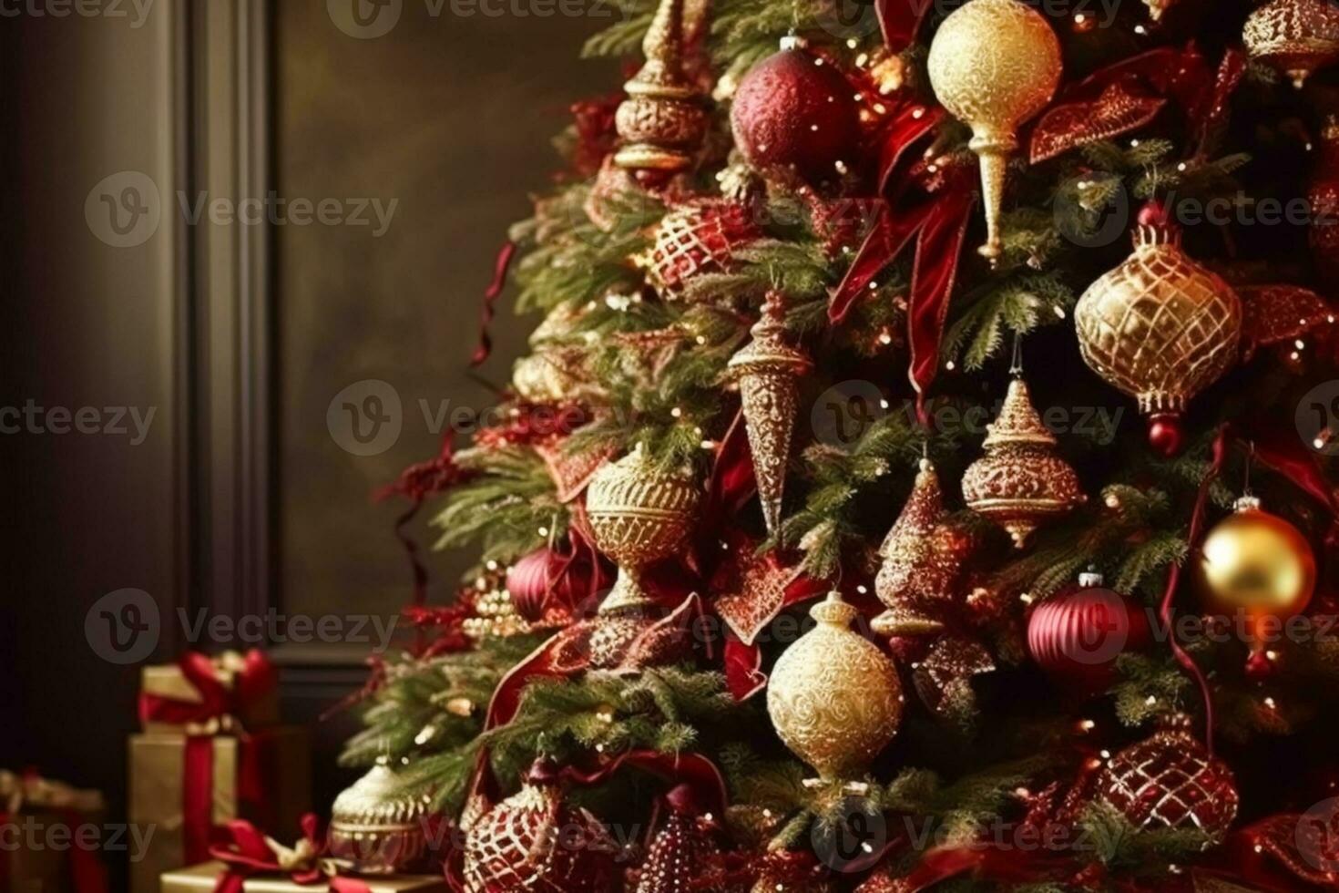 Christmas tree with classic ornaments and decorations, English country house and cottage style, Merry Christmas and Happy Holidays wishes, generative ai photo