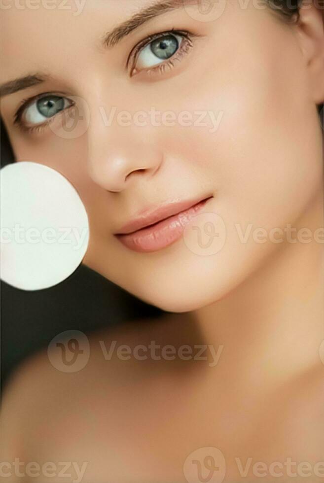 Beauty and skincare cosmetics model face portrait, woman with clean healthy skin and no make-up look using cotton pad, luxury facial and anti-aging skin care routine photo