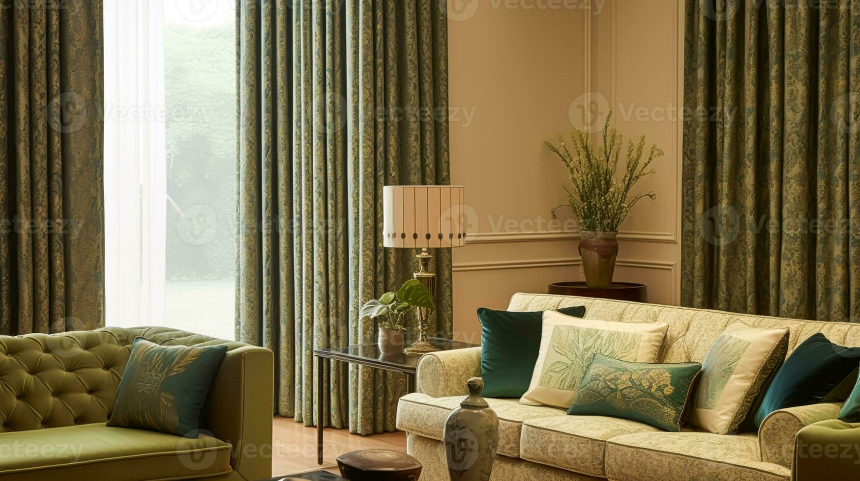 Interior design, living room decor and house improvement, antique furniture, sofa and green textiles, country cottage lounge style, generative ai photo