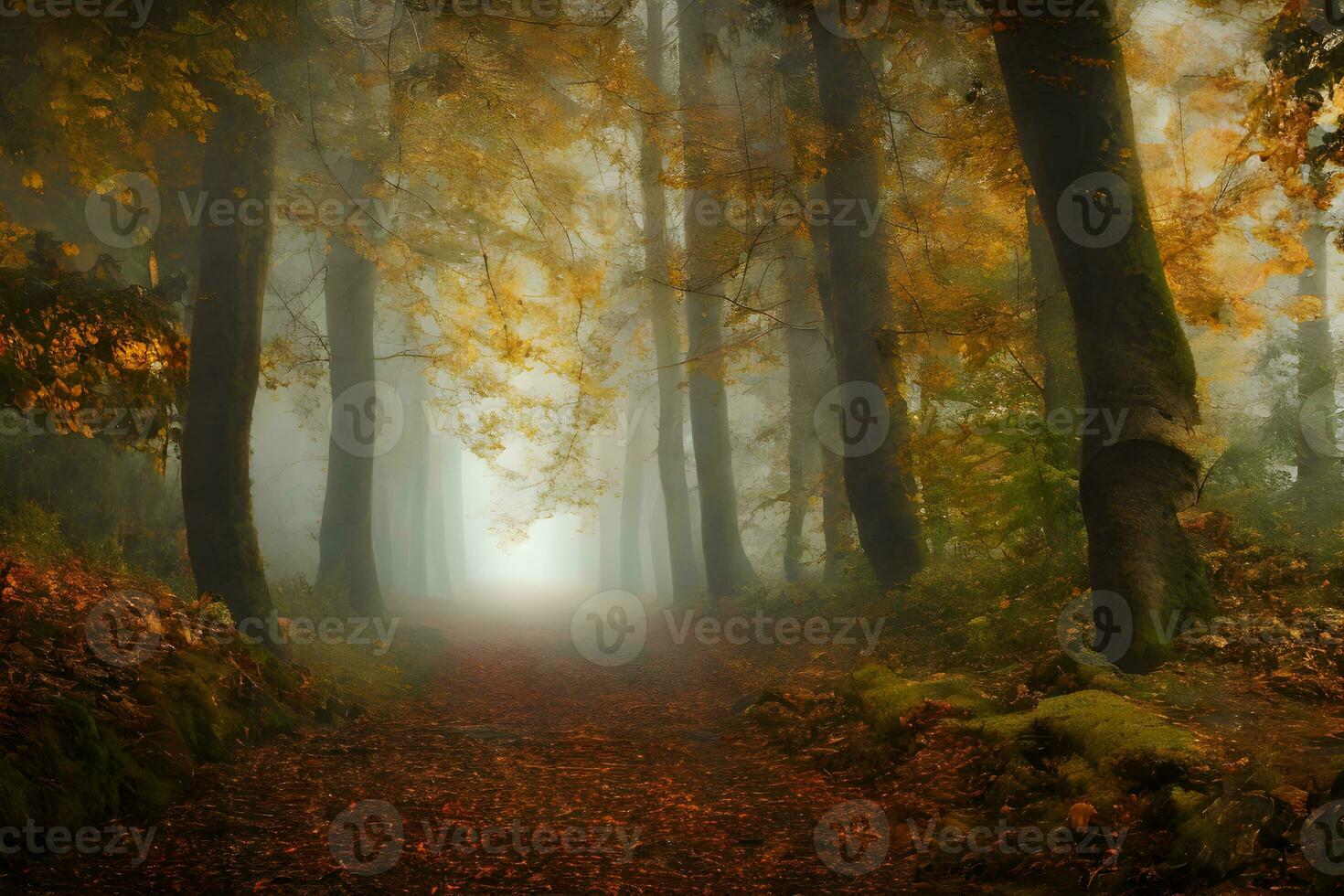 Dark path in a misty autumn forest photo