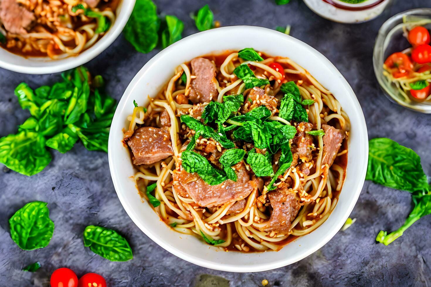 Noodles With Meat And Mint On Top photo