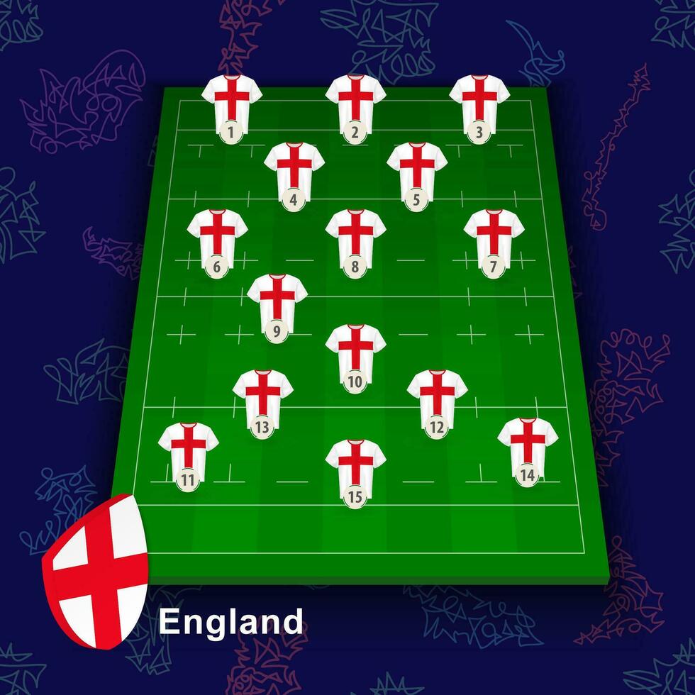 England national rugby team on the rugby field. Illustration of players position on field. vector