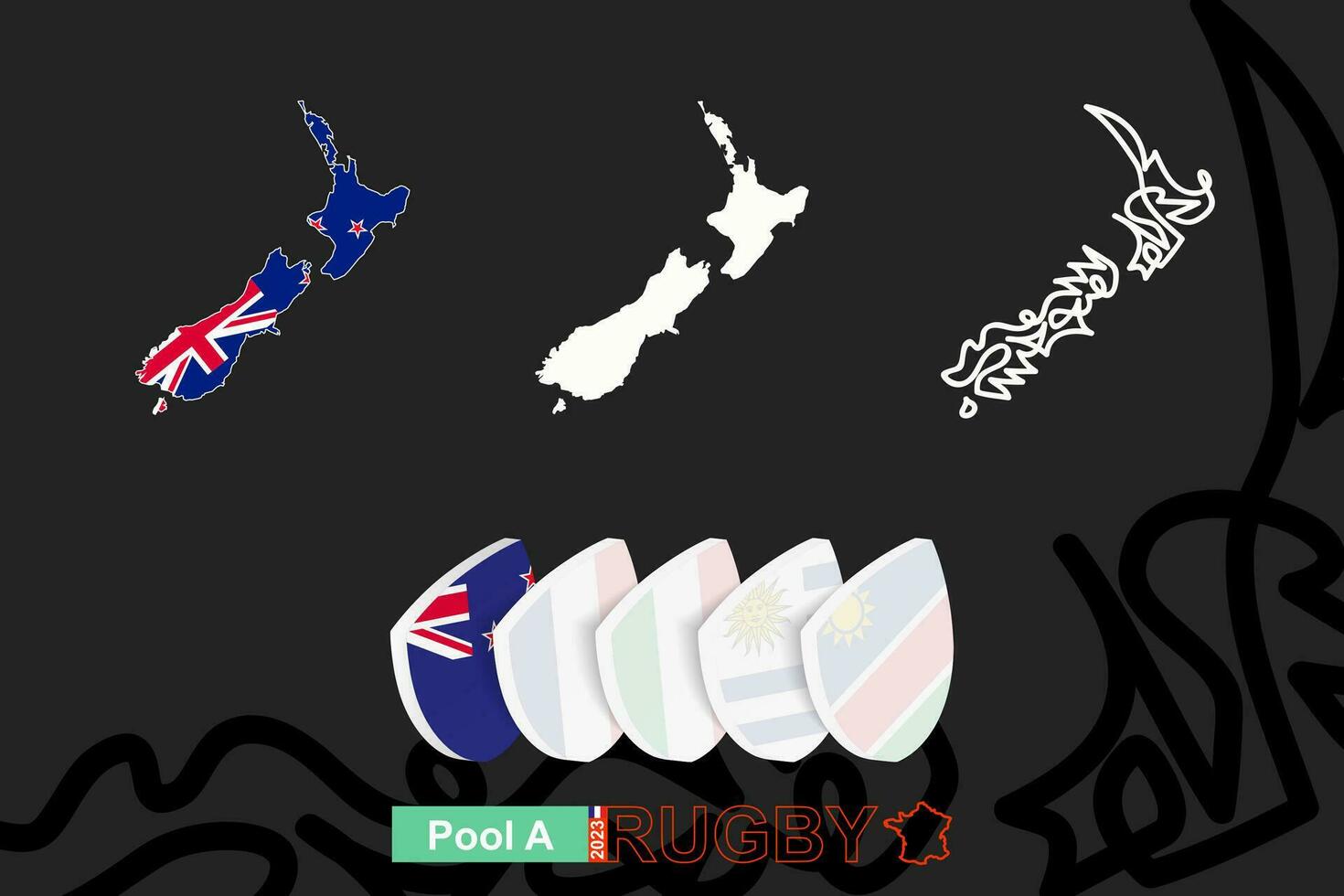 Maps of New Zealand in three versions for rugby international championship. vector