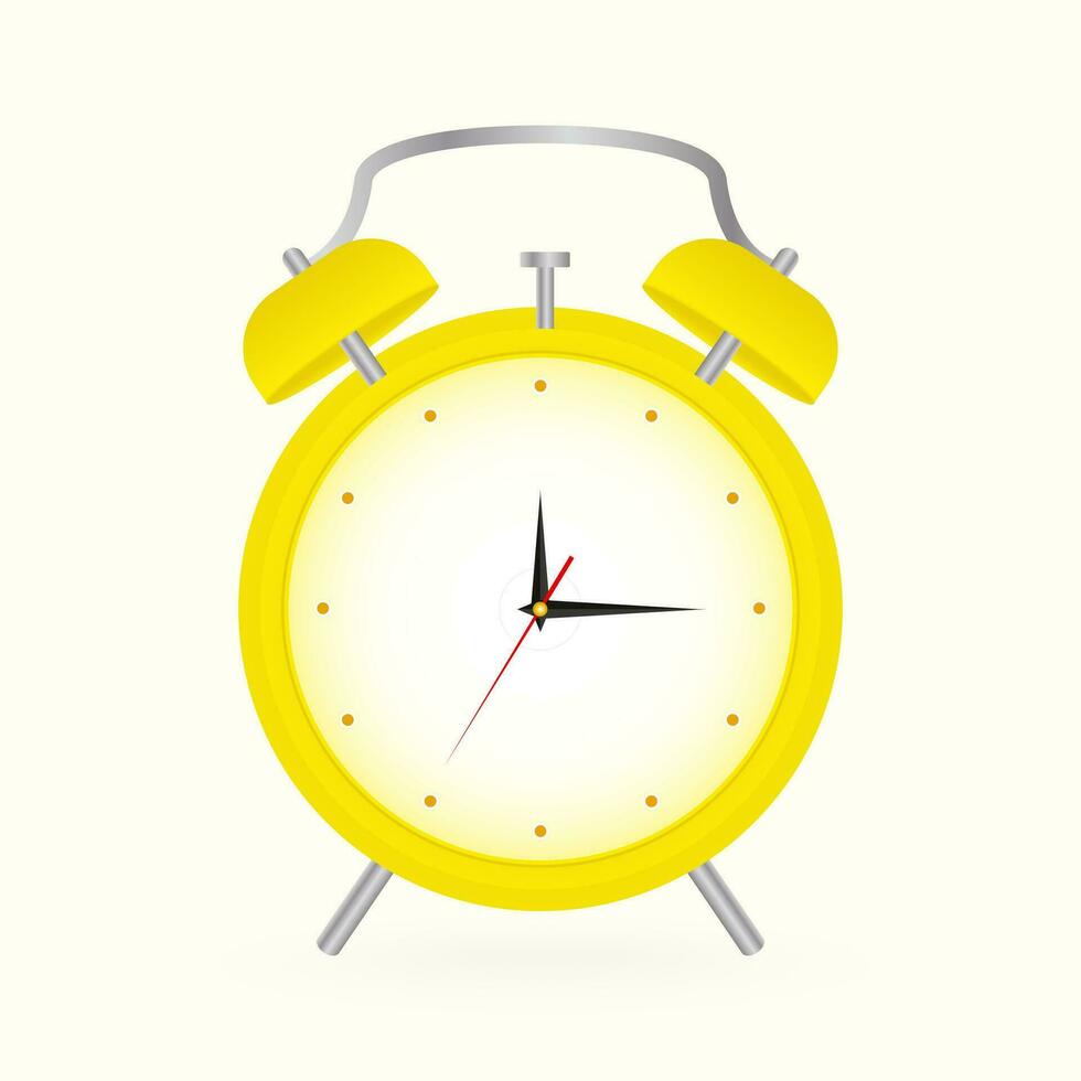 amarillo alarma reloj en un pastel amarillo antecedentes. vector reloj en plano estilo.