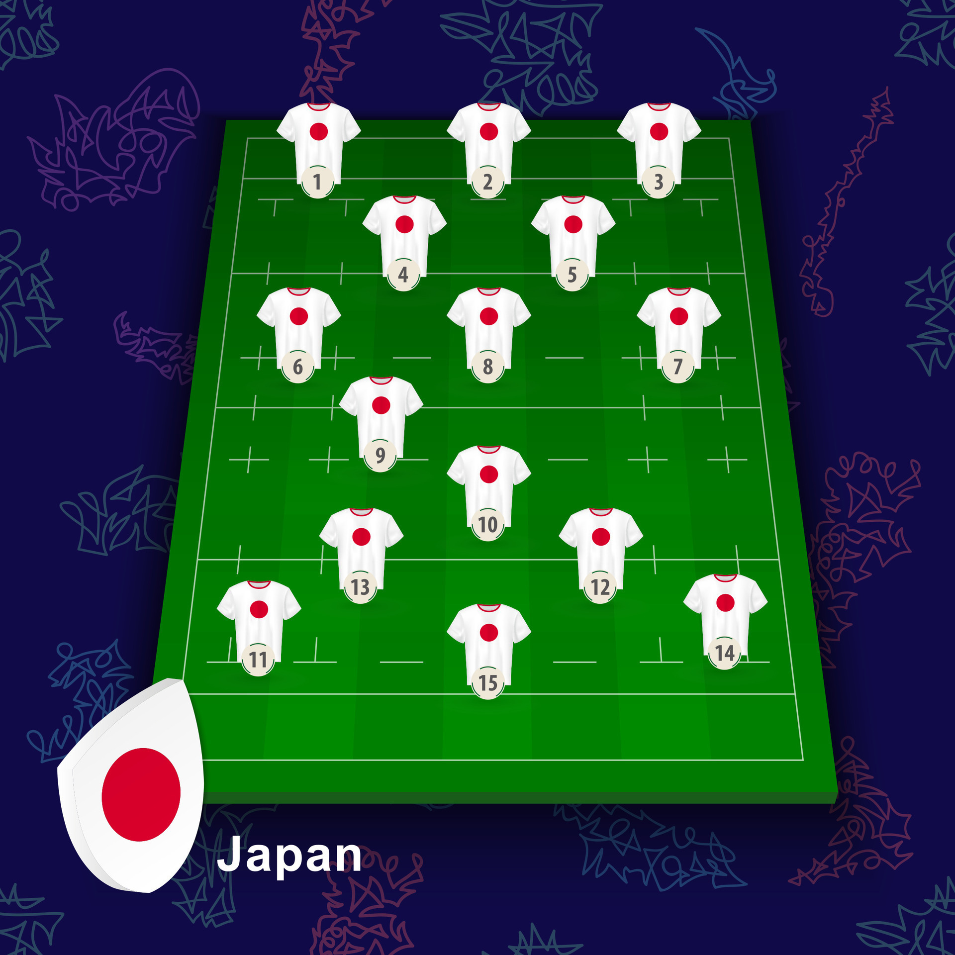 Japan national rugby team on the rugby field. Illustration of players position on field