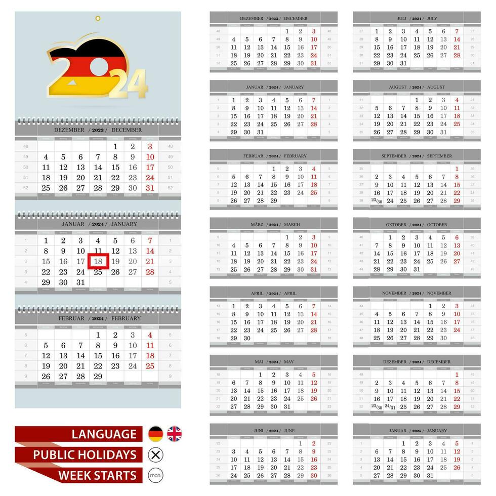 Wall calendar planner template for 2024 year. Germany and English language. Week starts from Monday. vector
