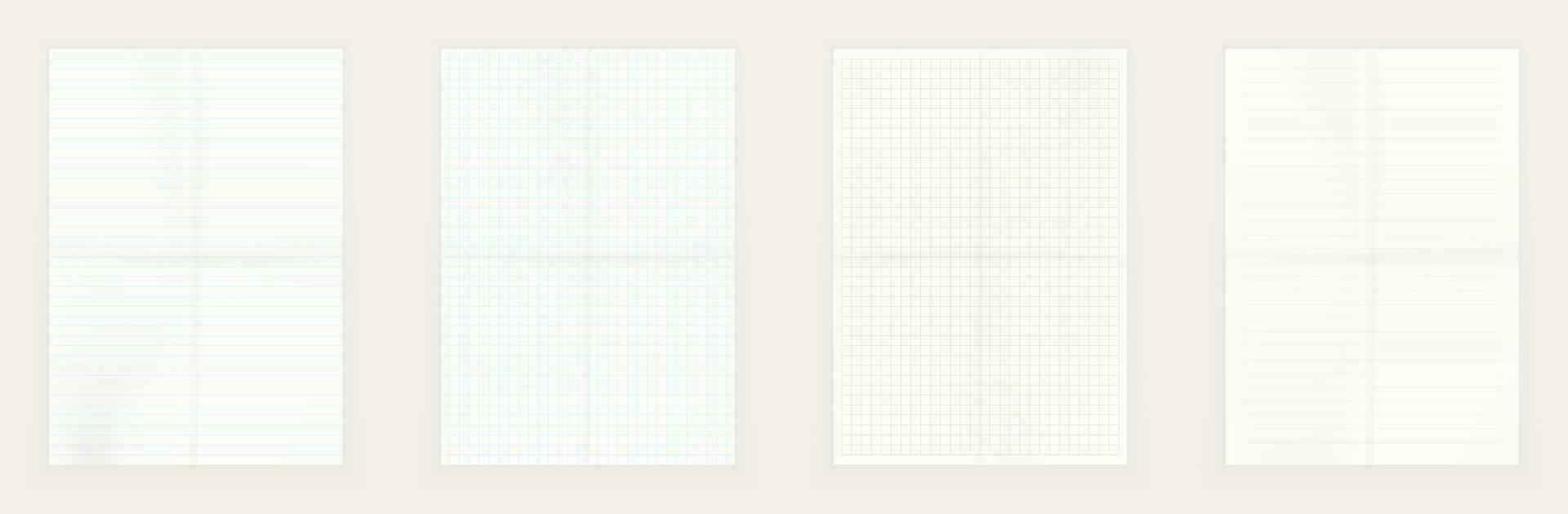 Set of blank lined and squared paper sheets with folding effect isolated on light background. vector