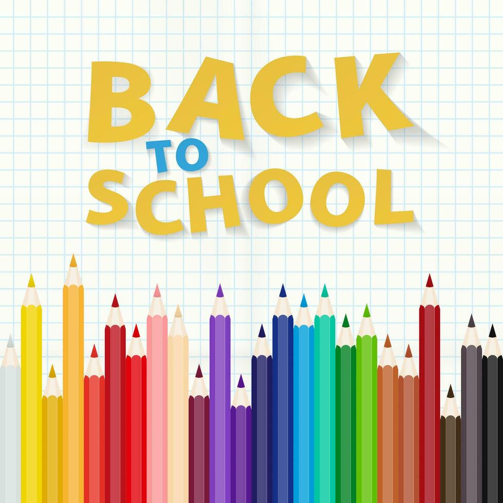 Back to School square illustration concept, colorful wooden pencils on square lined paper. vector