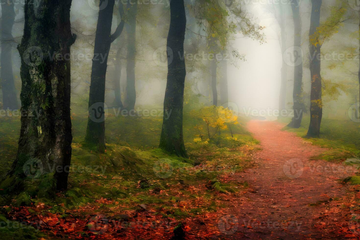 Dark path in a misty autumn forest photo