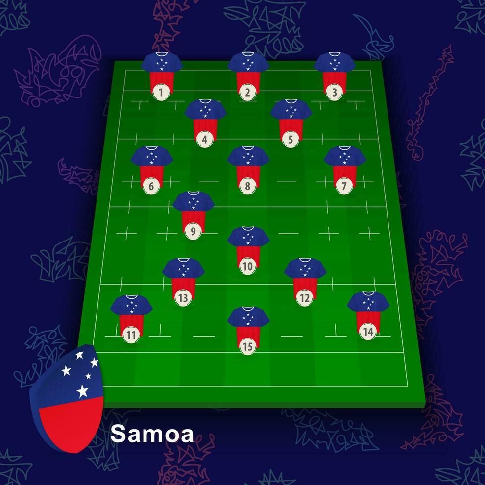 Samoa national rugby team on the rugby field. Illustration of players position on field. vector