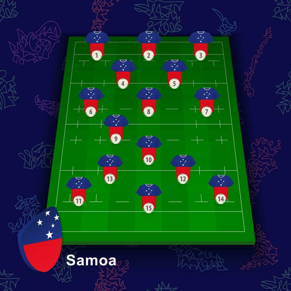 Samoa nacional rugby equipo en el rugby campo. ilustración de jugadores posición en campo. vector