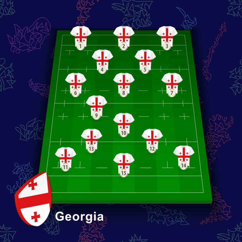 Georgia national rugby team on the rugby field. Illustration of players position on field. vector