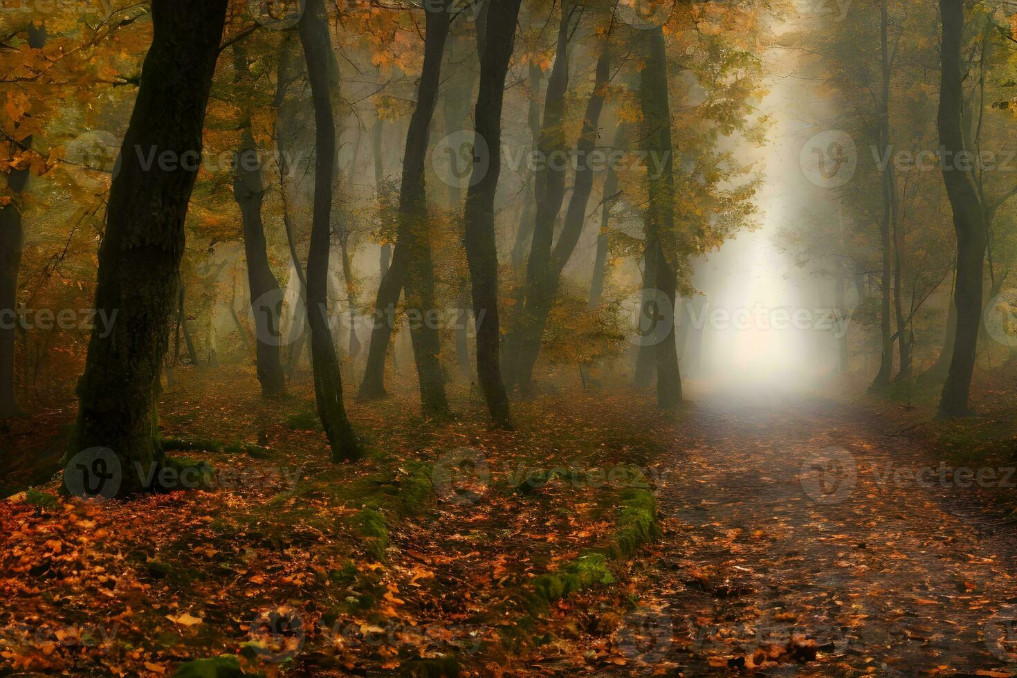 Dark path in a misty autumn forest photo