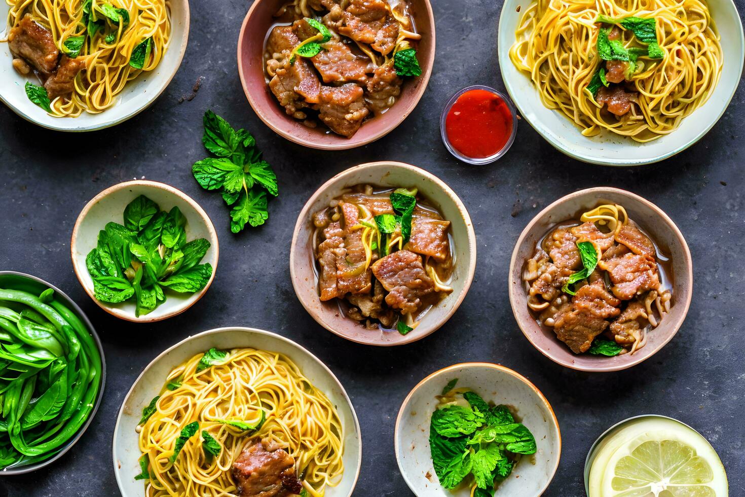 Noodles With Meat And Mint On Top photo