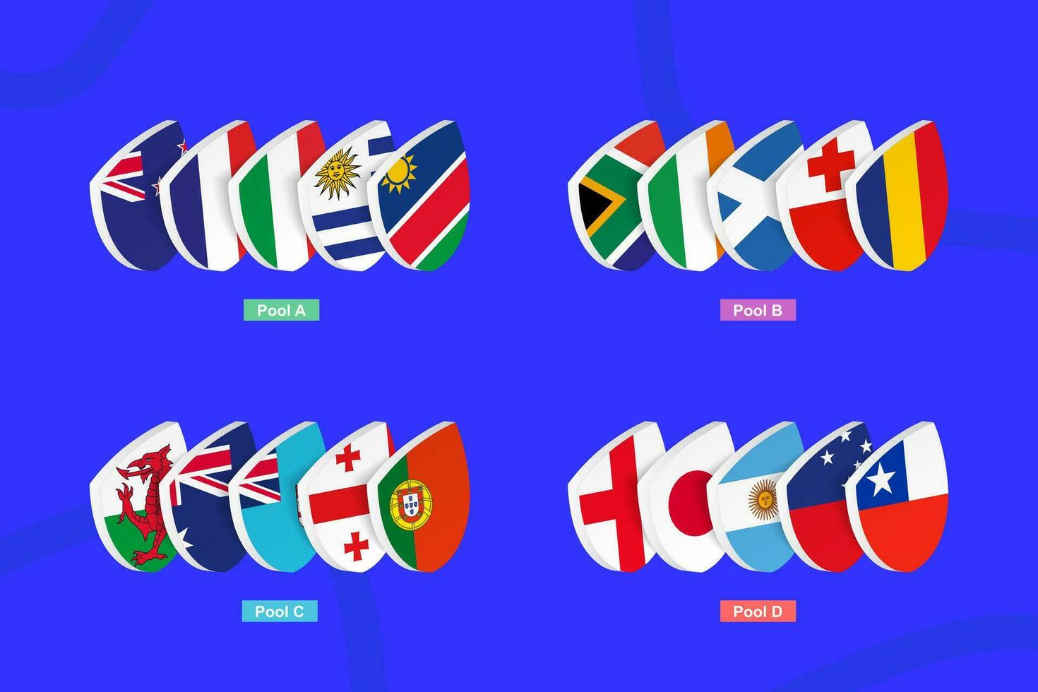 rugby 2023 Participantes ordenado por piscina, vector recopilación. todas equipos banderas en vector en azul antecedentes.