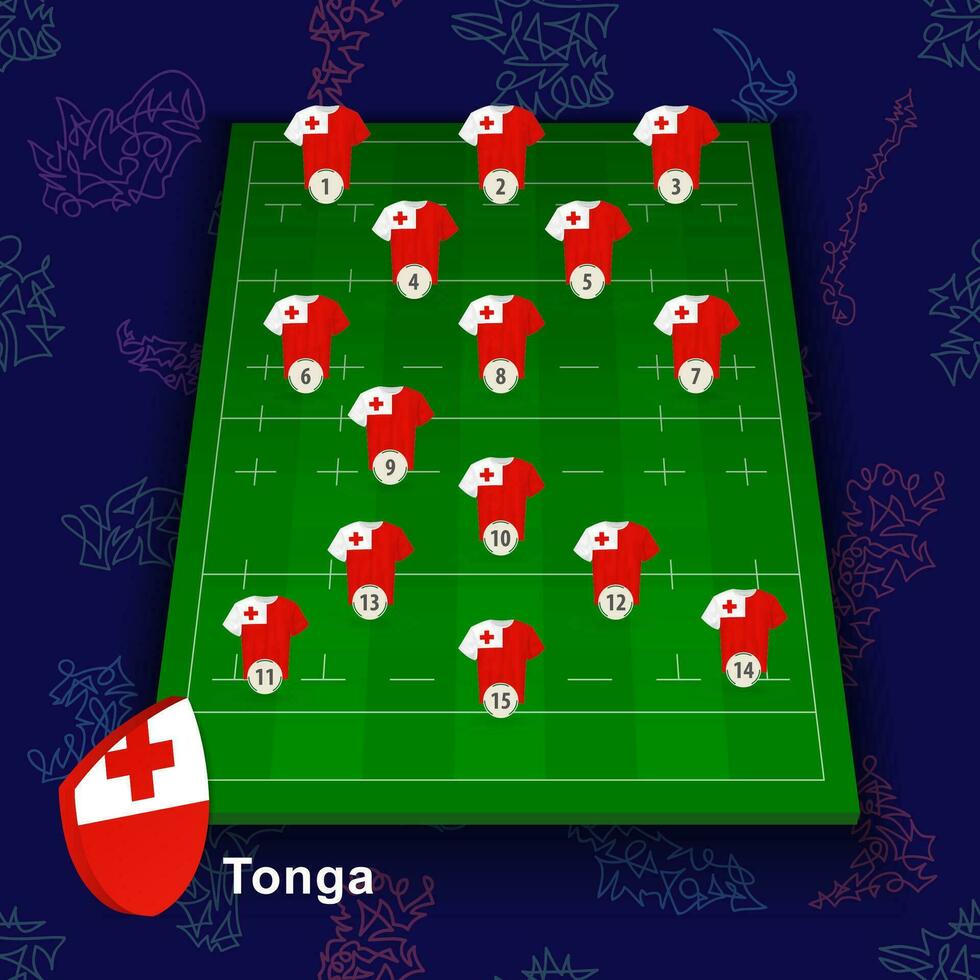 Tonga national rugby team on the rugby field. Illustration of players position on field. vector