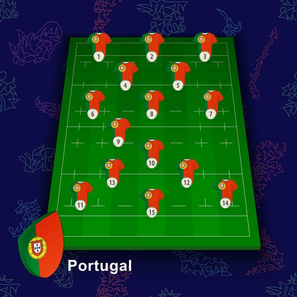 Portugal national rugby team on the rugby field. Illustration of players position on field. vector