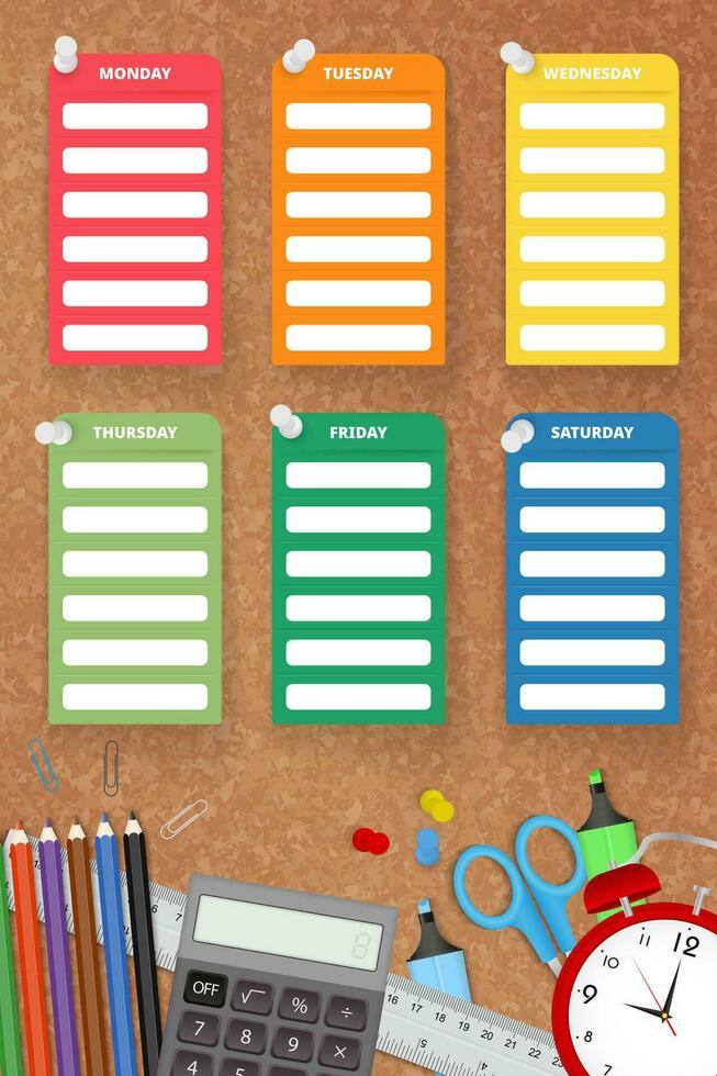 Vertical school timetable on cork bulletin board with school supplies. vector