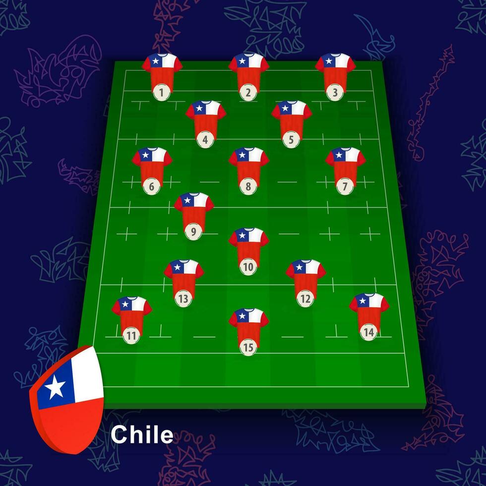 Chile national rugby team on the rugby field. Illustration of players position on field. vector