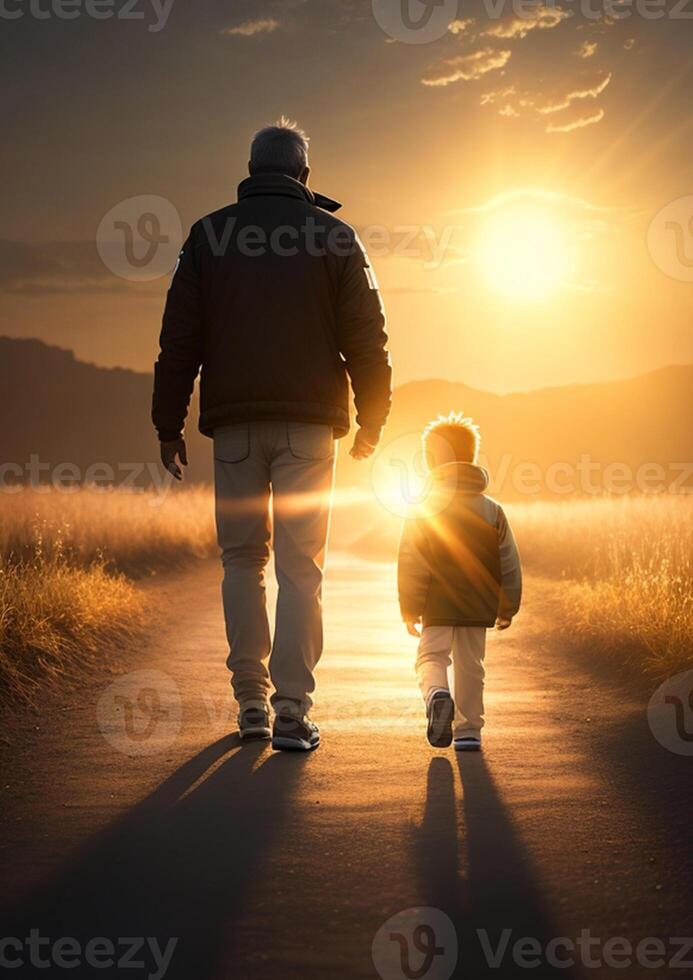 Picture of Father and Son Walking in Sunset View photo