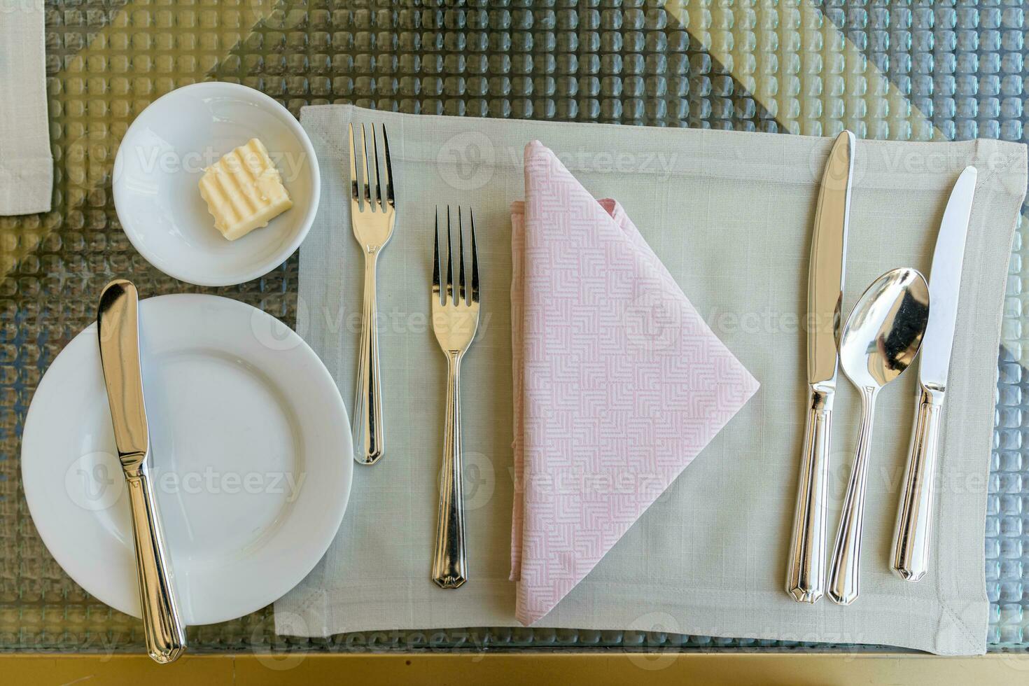 Beautiful Table setting on table mirror background. top view. photo