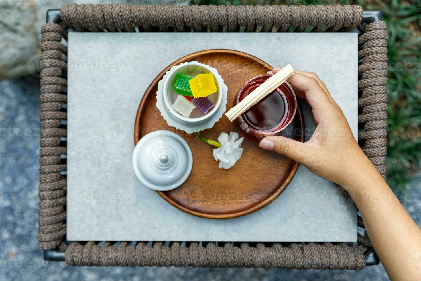 Snack,Crispy Jelly .Thai Traditional Dessert with apple juice photo