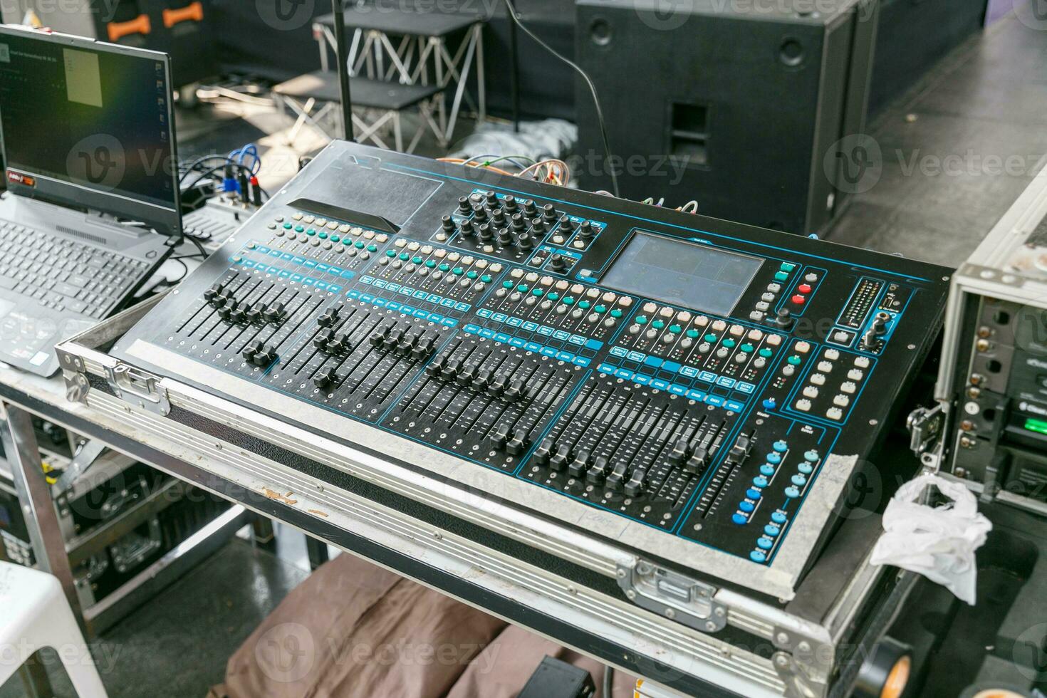 Sound audio mixer. General plan of sliders and buttons on a mixing console photo