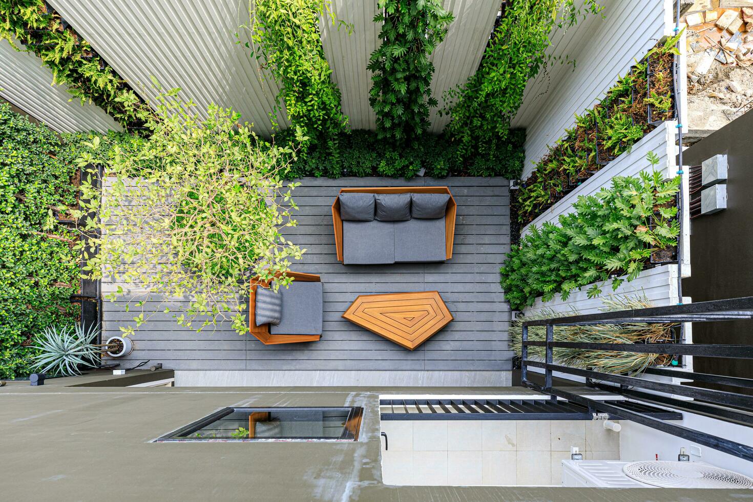 Birds eye view, a scene at local building exterior where people relax by sitting photo