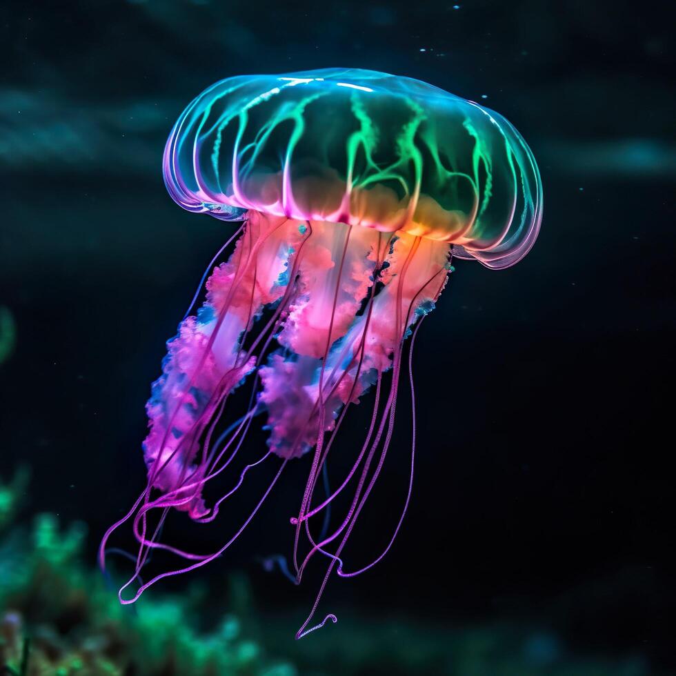 vistoso Medusa con luz de sol resplandeciente mediante agua, generativo ai foto