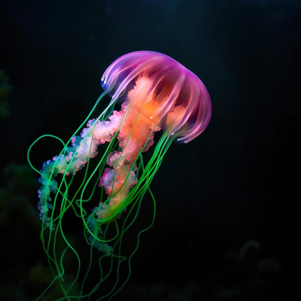 Colorful Jellyfish With Sunlight Glimmering Through Water, Generative AI photo