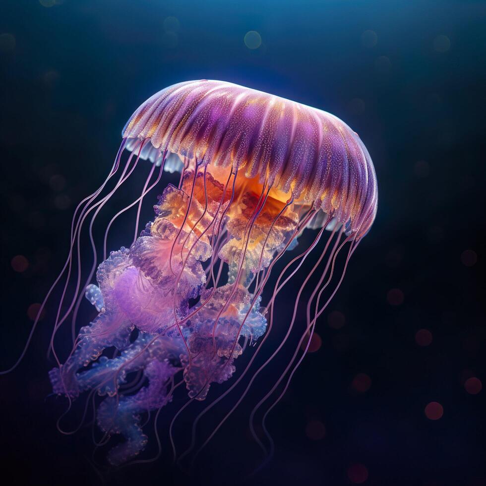 Colorful Jellyfish With Sunlight Glimmering Through Water, Generative AI photo