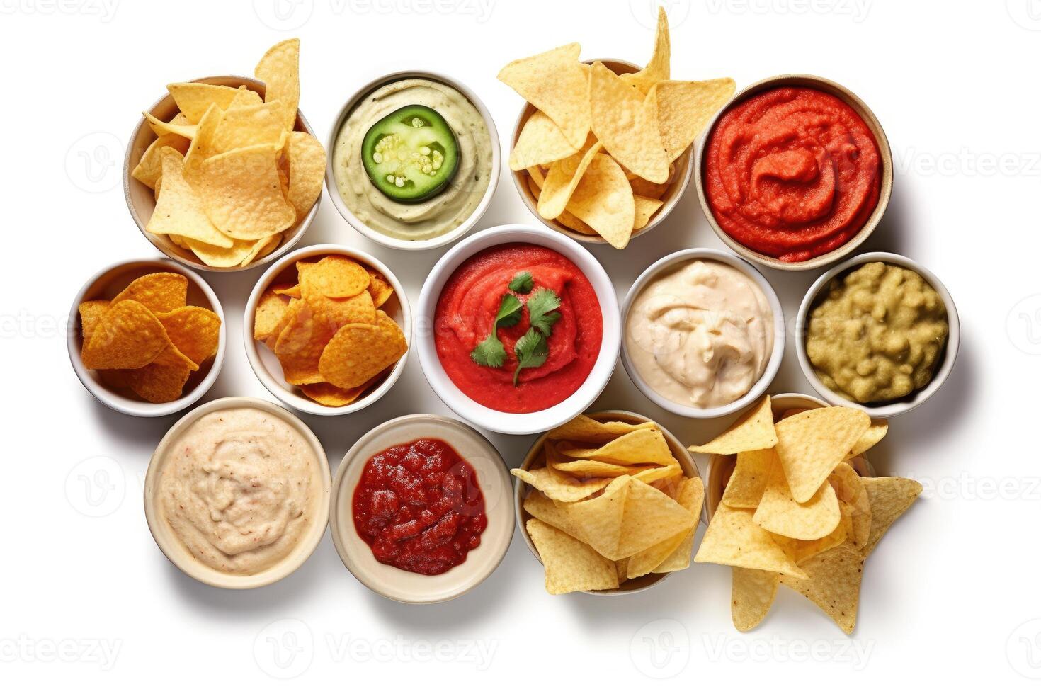 chips and dips flat lay Food Photography AI Generated photo