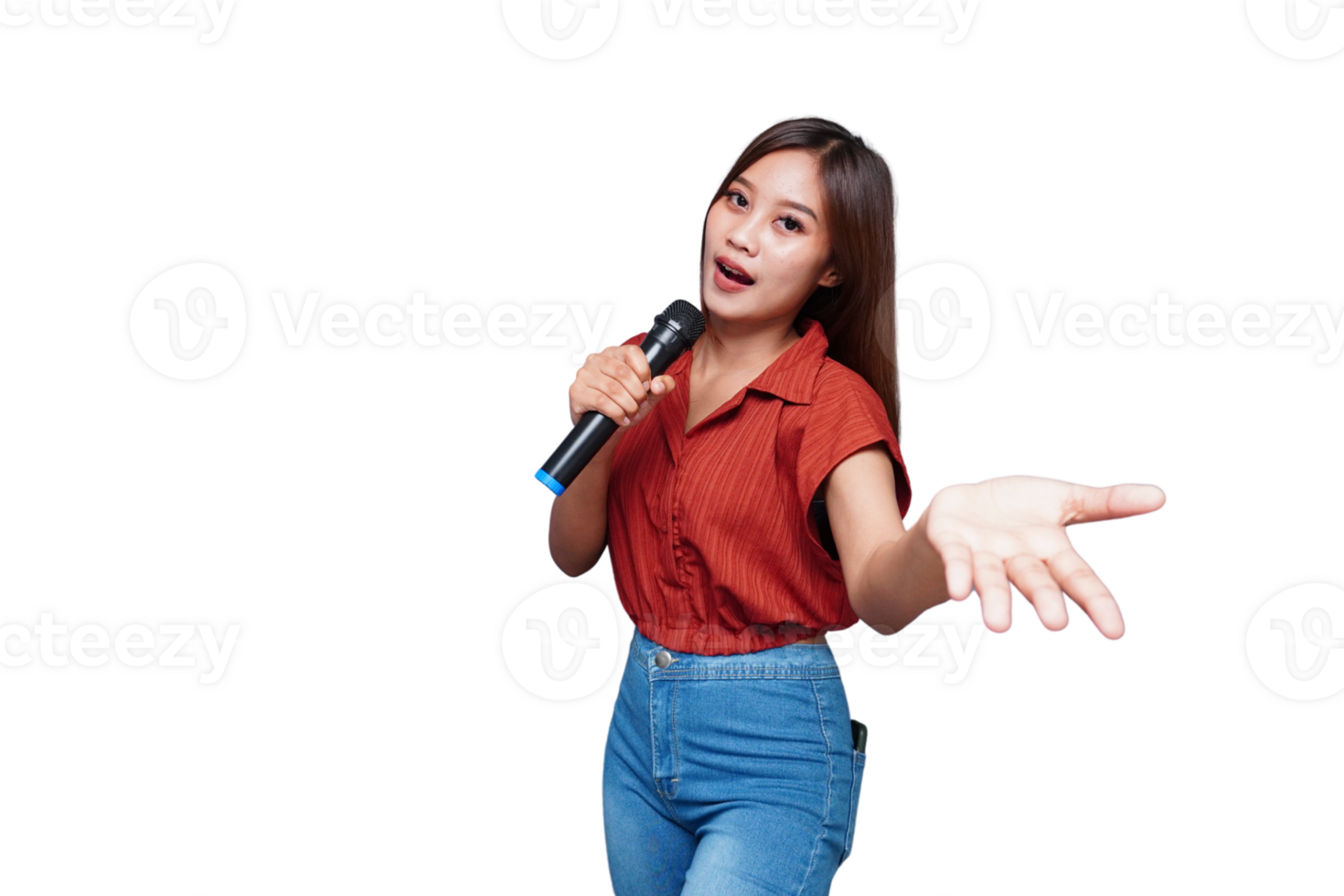 Beautiful Asian Woman Singing and Holding Microphone png