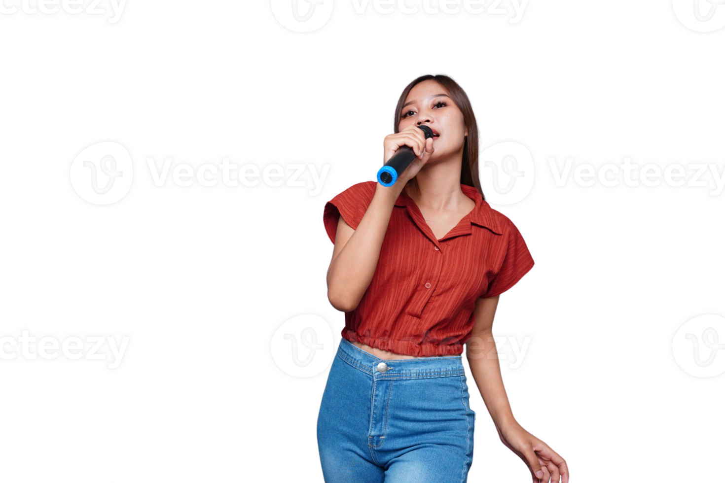 Beautiful Asian Woman Singing and Holding Microphone png