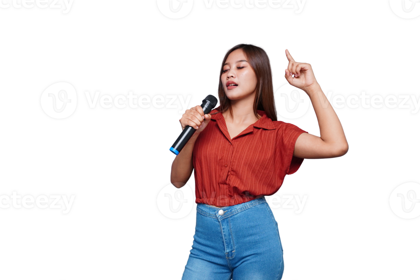 Beautiful Asian Woman Singing and Holding Microphone Eyes Closed png