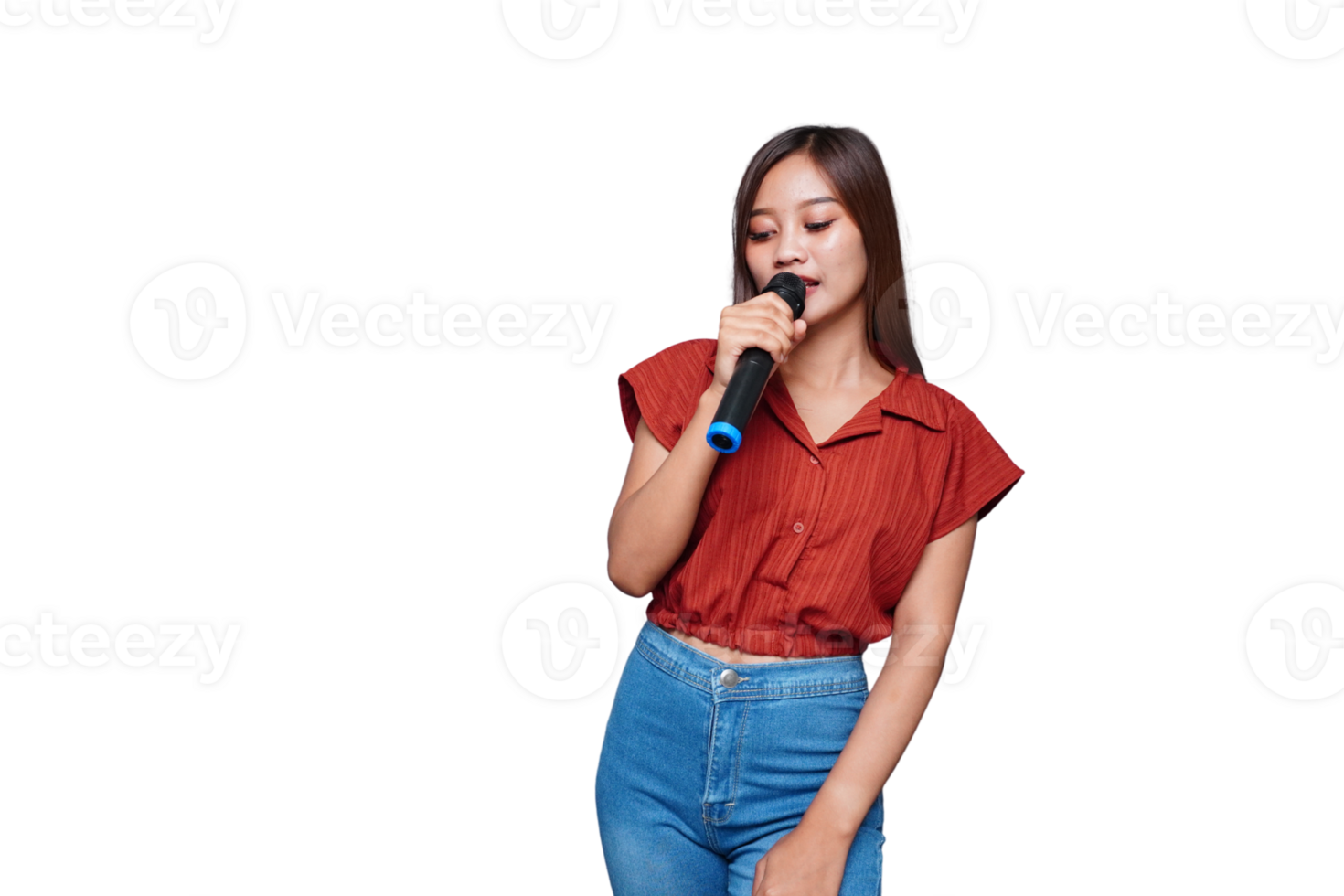 Beautiful Asian Woman Singing and Holding Microphone Eyes Closed png