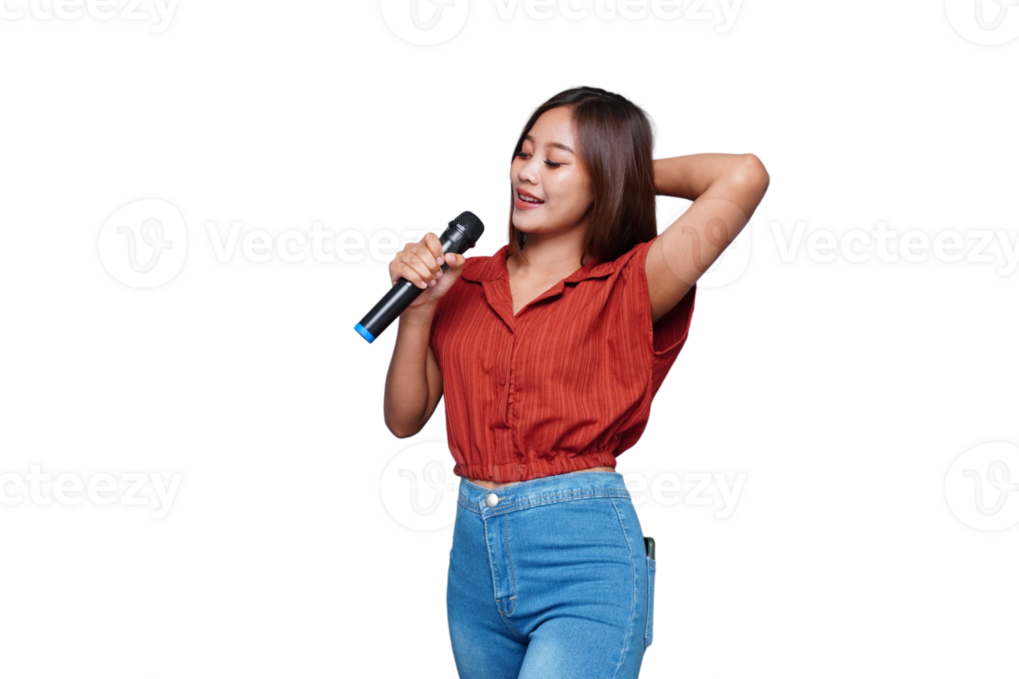 Beautiful Asian Woman Singing and Holding Microphone Eyes Closed png